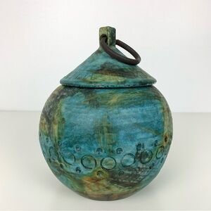 Alvino Bagni Sea Garden Round Vase Lid Iron Loop Handles MCM Italy Pottery Vtg